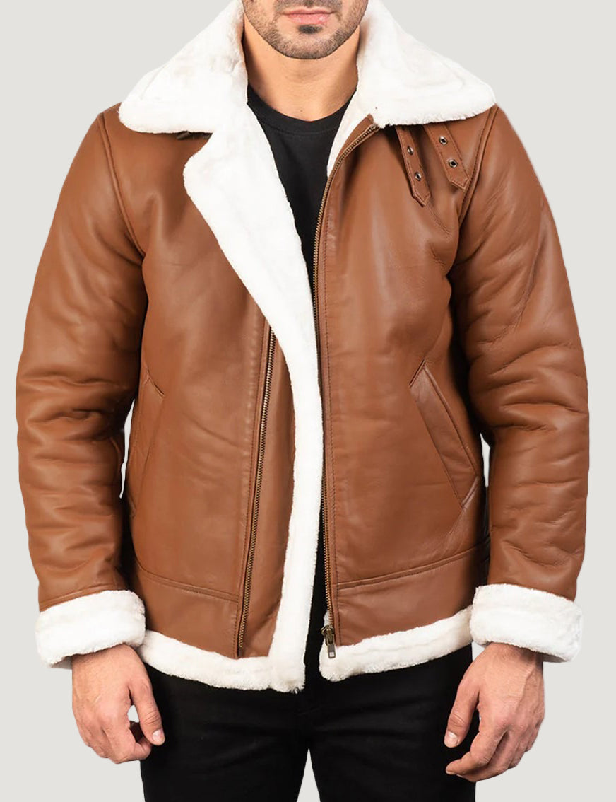 Brown leather jacket with white fur lining worn by a person on a white background